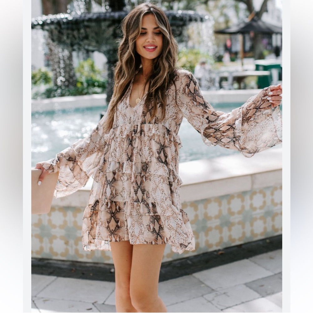 Olivaceous Snake Print Ruffle Tiered Mini Dress Medium NWT